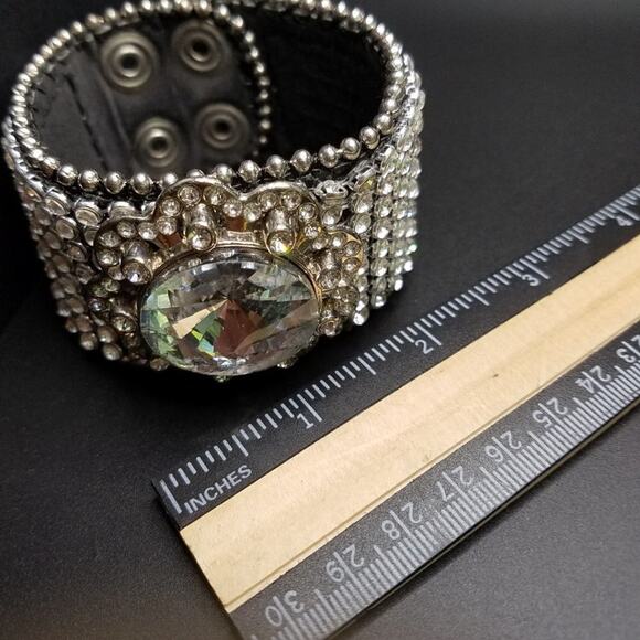 Rhinestone Wide Snap Bracelet, Clear Rhinestones Brown Faux Leather, 7 3/4 Inch - Picture 5 of 9